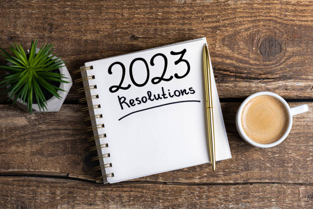 istock New year resolutions 2023 on desk. 2023 resolutions list with notebook, coffee cup on desk. Goals, resolutions, plan, action, checklist concept. New Year 2023 1448518673