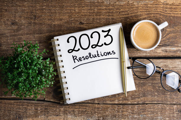 istock New year resolutions 2023 on desk. 2023 resolutions list with notebook, coffee cup on table. Goals, resolutions, plan, action, checklist concept. New Year 2023 template 1448518785