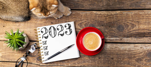 istock New year resolutions 2023 on desk. 2023 resolutions list with notebook, coffee cup, cute cat on table. Goals, resolutions, plan, cozy, hygge concept. New Year 2023 template 1448518843