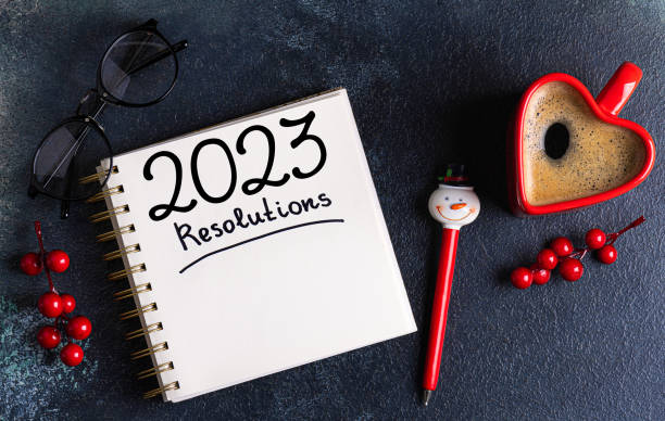 istock New year resolutions 2023 on desk. 2023 resolutions list with notebook, coffee cup, decorations on table. Goals, resolutions, plan, action concept. New Year 2023 background 1448519033