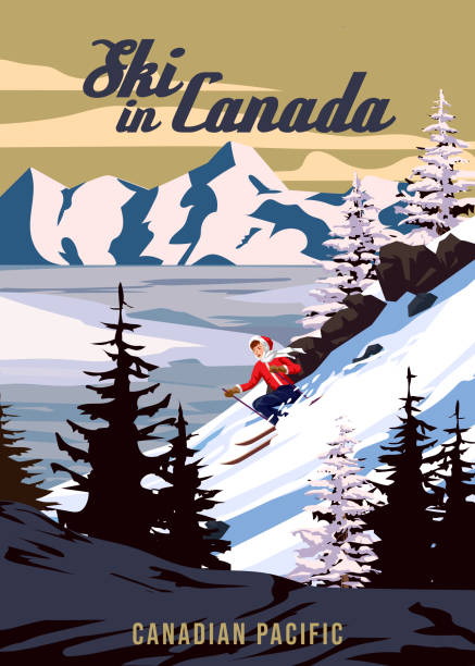 Travel poster Ski in Canada resort vintage. Canada winter landscape travel view, skier on the snow mountain, lake, retro. Vector illustration