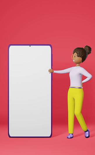 Smiling African American girl big smartphone mockup pink 3D rendering app UI UX design. Freelance worker Studying education student. Cartoon multiethnic character business woman gadget screen display.