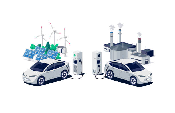 ilustrações de stock, clip art, desenhos animados e ícones de electric versus gasoline car comparison with renewables and fossil energy - fossil fuel fuel and power generation refueling car