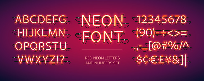 Red Glowing Neon Font. Letters, numbers, financial symbols and punctuation included.
