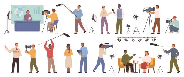 Vector illustration of Collection of journalists, cameramen or videographers with cameras isolated on white. Talk show hosts interviewing people, news presenters. Vector illustration in flat cartoon style.