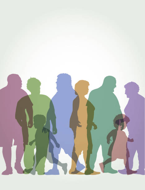 Overweight People Colourful silhouettes of people with weight issues. Obesity, overweight, body fat - nutrient, Unhealthy Eating, health, diet, food, sugar, diabetes, high blood cholesterol, obesity stock illustrations