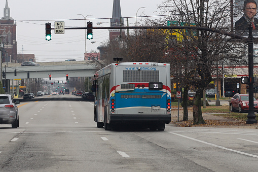 Louisville, Kentucky USA  December 9, 2022: A Louisville Tarc public bus on a street in downtown Louisville, Kentucky