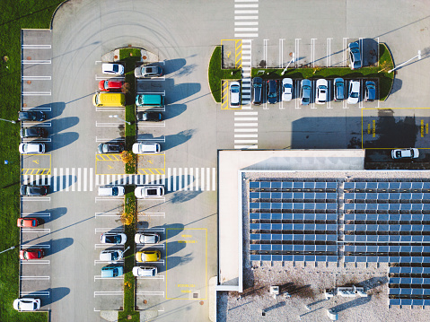 Photos taken by drone. In an urban environment. Motorways, car parks, railways, construction sites.