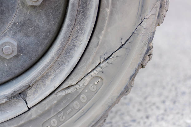 Close up tire sidewall damage, Car tire damage