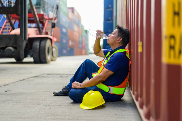 istock Tired male warehouse worker sitting on ground drinking water at cargo containers yard 1448531563