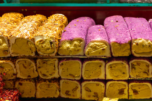 istock Purple and almond Turkish lokum rolls at spice bazaar 1448531968
