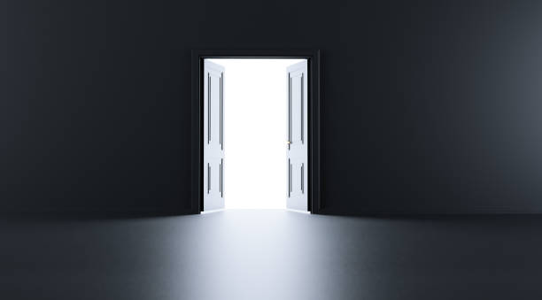 istock Open black door with light going through in dark black room, 1448532314