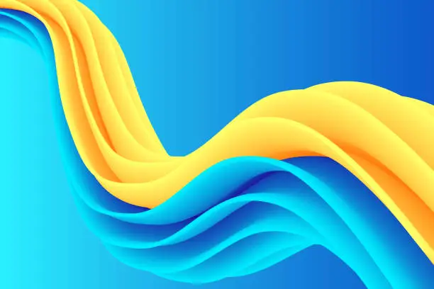 Vector illustration of 3D colorful twisted lines. Liquid geometric blue and yellow shapes. Abstract vector design element.
