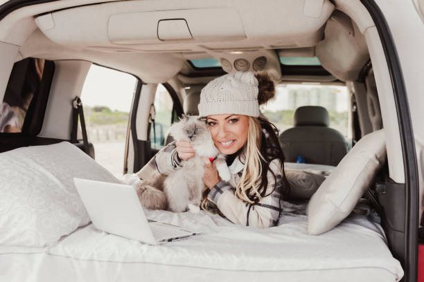 istock Woman with a bobble hat Using Laptop While Lying With cat In Camper Trailer and looking at camera. Digital nomad lifestyle 1448536251