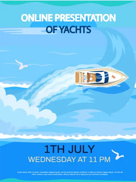 Vector illustration of Online presentation of yacht in blue sea, advertising poster with sailing ship floating in ocean