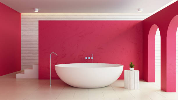 2023년 올해의 비바 마젠타 욕실 인테리어 색상 - 3d 렌더링 - viva magenta 뉴스 사진 이미지