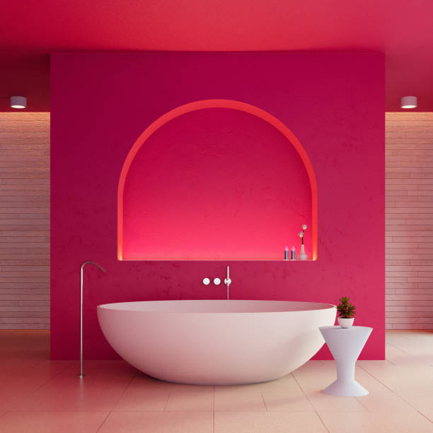 viva magenta bathroom interior color of the year 2023 - 3d rendering - viva magenta stok fotoğraflar ve resimler