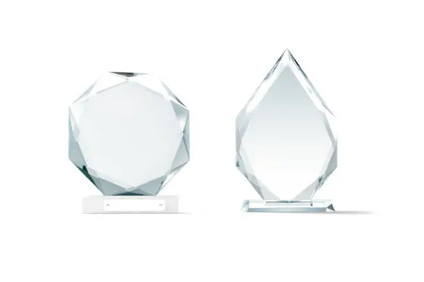 Photo of Blank glass arrow and round shape award mockup, isolated
