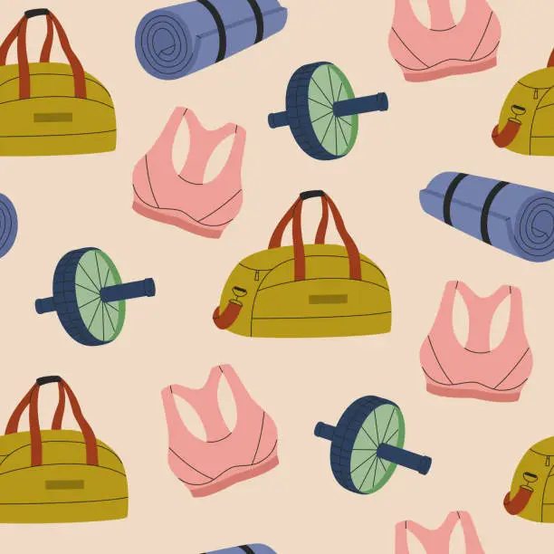 Vector illustration of Seamless pattern of fitness inventory and accessories