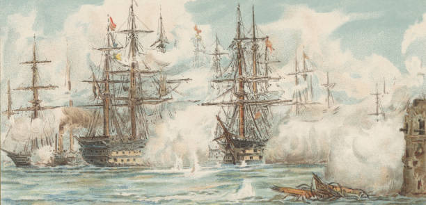 A fleet of battleships firing in a conflict. Canons firing. HMS Victory and other ships like it.