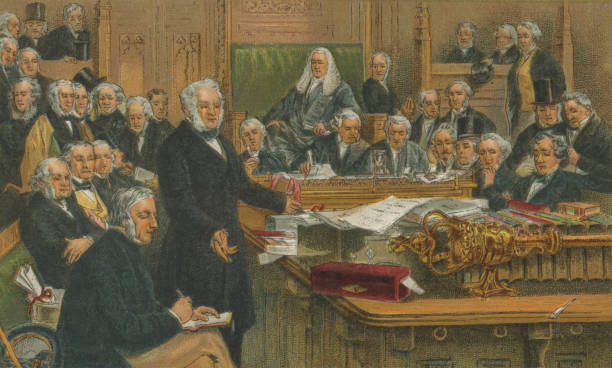 Houses of Parliament Prime Minister 19th century illustration Lord Melbourne at dispatch box in House of Commons in British Houses of Parliament Robert Peel speaker of the house stock illustrations