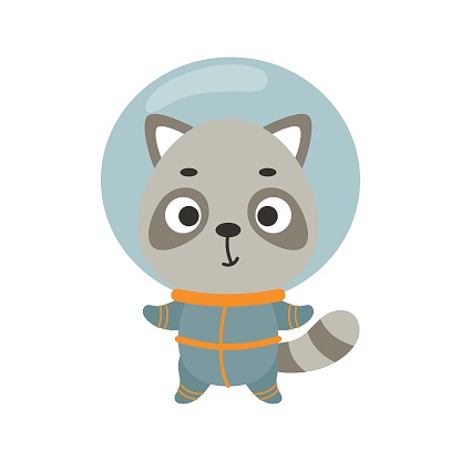 Cute little spaceman raccoon on white background. Cartoon animal character for kids t-shirts, nursery decoration, baby shower, greeting card, invitation, house interior. Vector stock illustration