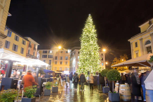 istock Christmas tree in  Lugano   -   downtown  of  Reformation Square
 (Piazza della Riforma) 1448540662