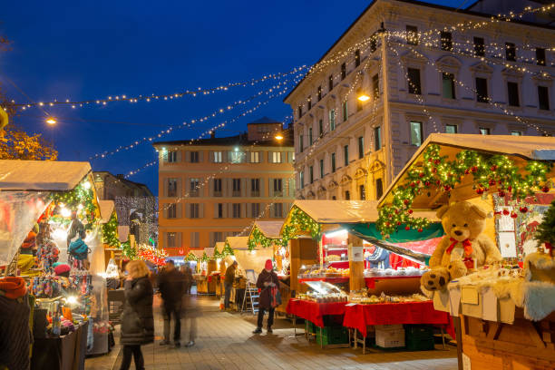 istock Christmas tree in  Lugano   -   downtown  of  Reformation Square
 (Piazza della Riforma) 1448540669