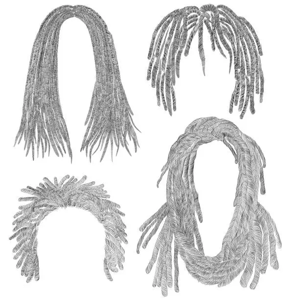 Vector illustration of set of african  hairs  . black  pencil drawing sketch .dreadlocks cornrows