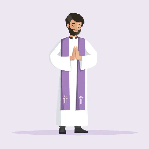 Vector illustration of Young priest praying with hands together and dressed with alb and purple stole