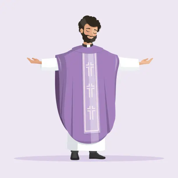 Vector illustration of Young priest with purple chasuble praying with outstretchead arms