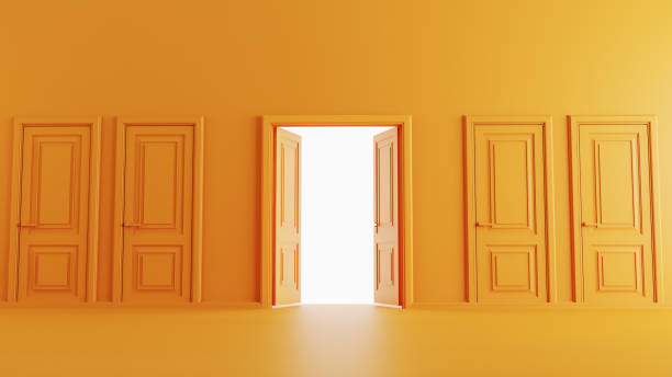 istock yellow door open between closed doors on orange background. 1448543931
