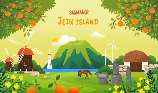 아름다운 여름 시즌 풍경. 한국 제주의 수확 시간. 섬의 자연과 건축 - 제주도 stock illustrations
