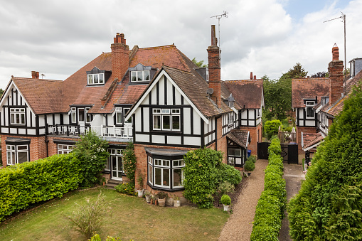 Newmarket, Suffolk, England - May 29 2018: Distinctive substantial grand semi detached traditional bay fronted house viewed from an elevated rooftop position