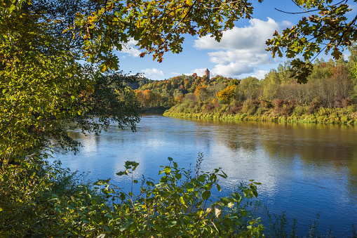 View to Turaida Castle and valley of river Gauja on sunny autumn day