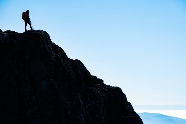 silhouette d’un randonneur réussi au bord de la falaise, regardant l’horizon - dark edge photos et images de collection