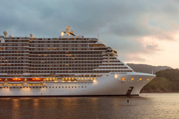 santos, brazylia. statek wycieczkowy msc seashore opuszczający port. - cruise ship cruise beach tropical climate zdjęcia i obrazy z banku zdjęć