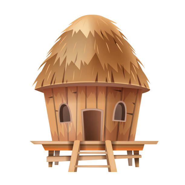 Bungalow hut, vector African thatched nipa house, straw village bamboo beach tent building roof. Poor people shack, Hawaii summer tropical camp construction. Cartoon traditional bungalow hut clipart thatched roof hut straw grass hut stock illustrations