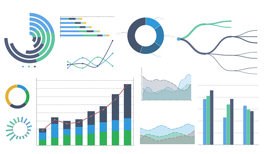 Bar charts growing columns on blue background, 3D rendering illustration