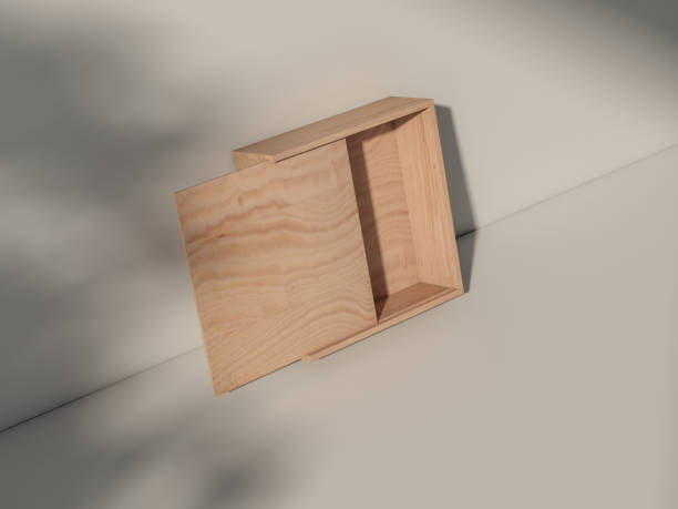 istock Square Wooden box Mockup standing on white table with shadows from trees 1448551908