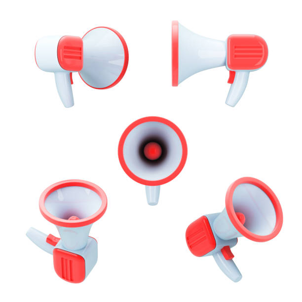 istock promotion concept loudspeaker in different poses 3d render on blue 1448551943