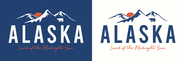Alaska t-shirt design with mountains, bear and sun. Typography graphics for slogan tee shirt. Alaska state apparel print with grunge. Vector illustration.