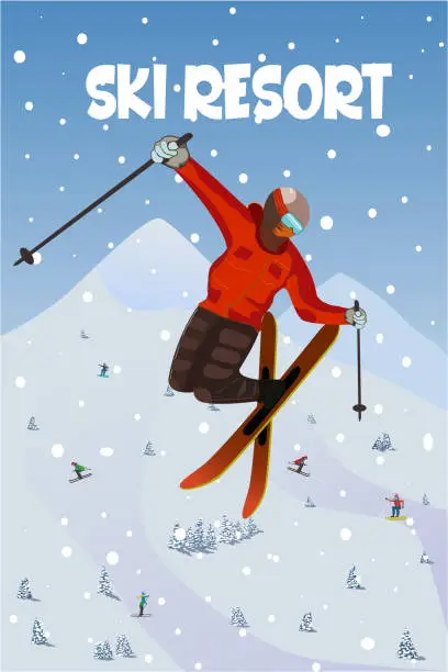 Vector illustration of Sportsman skier jumps on skis from a mountain against the backdrop of a winter ski resort and winter mountain peaks. illustration isolated illustration