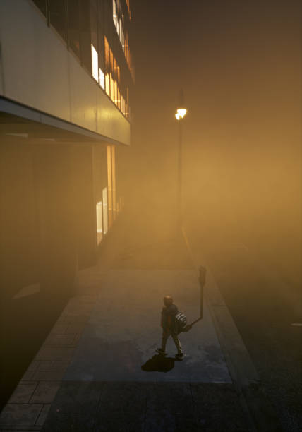 istock Lone little boy with backpack walks on sidewalk in misty city at dusk. High angle view. 3D render. 1448553462