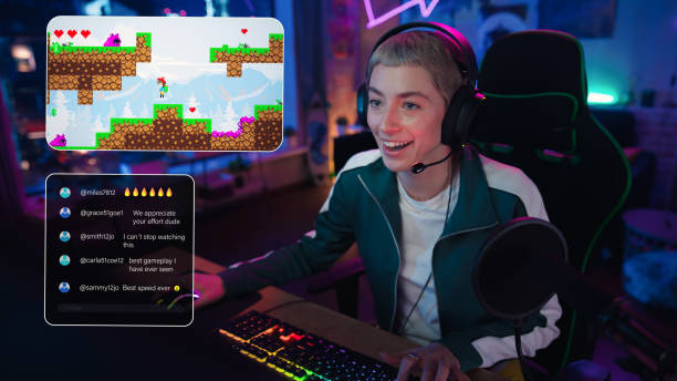 Excited Female Streamer Playing a 2D Video Game. Stylish Woman Streaming Her Gaming Progress from Home Living Room Apartment. Followers Engaging Through Interface During Live Broadcast on Internet streamer femenina emocionada jugando un videojuego 2d. mujer elegante transmitiendo su progreso de juego desde el apartamento de la sala de estar de casa. seguidores que interactúan a través de la interfaz durante la transmisión en vivo en internet