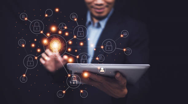 istock Businessman scan fingerprint for Digital transformation technology strategy, AI transformation of ideas and the adoption of technology in business in the digital age, enhancing 1448557236