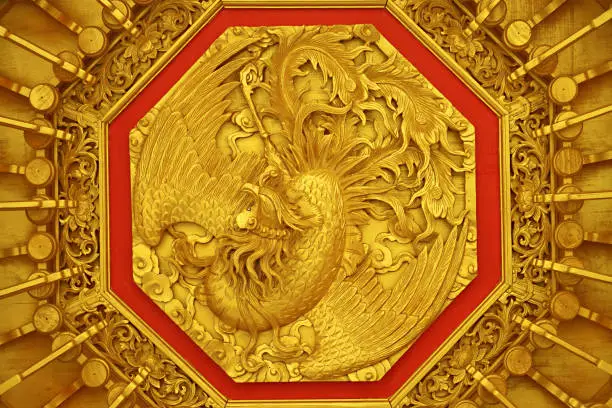 Amazing Chinese Phoenix Wood Carving on the Ceiling of a Chinese Buddhist Temple