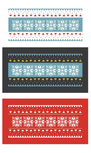 Vector illustration of Red and blue sweater seamless pattern with snowflakes and hearts in three different variants.