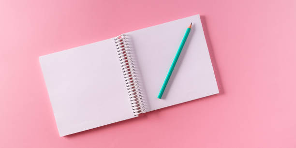 istock An empty A4 notebook in expanded form on a pink paper background, top view,mockup. 1448558881