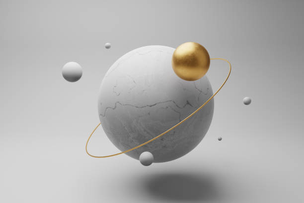 Illustration conceptuelle avec des boules de pierre et d’or en lévitation - Photo
